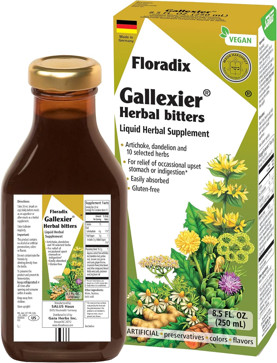 Flora Salus-Haus Floradix Gallexier 8.5 Oz - Herbal Bitters - Alcohol Free, Clear (64791)