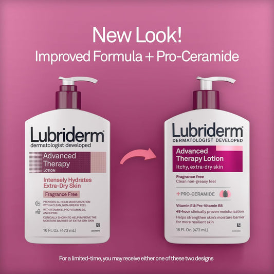 Lubriderm Advanced Therapy Fragrance-Free Moisturizing Lotion With Vitamins E And Pro-Vitamin B5, Intense Hydration For Extra Dry Skin, Non-Greasy Formula, Pack Of Three, 3 X 16 Fl. Oz