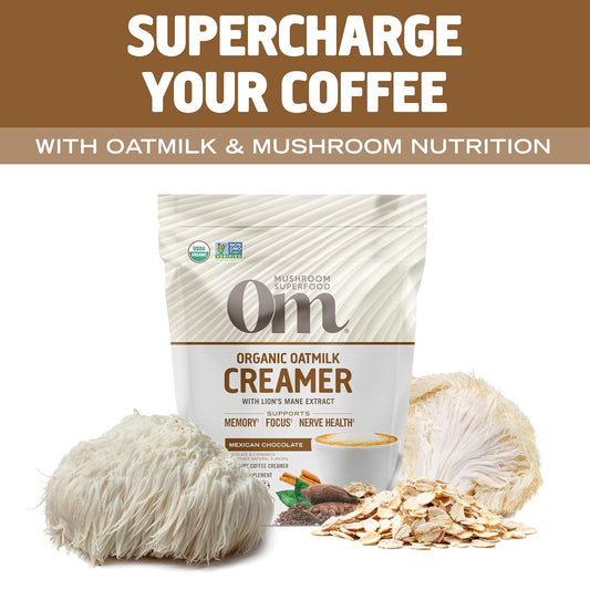 Om Mushroom Superfood Oatmilk Adaptogen Creamer, Non-Dairy, Mexican Chocolate, 16.29 , 100 Servings, Organic Lion's Mane Extract, Supports Memory, Focus & Nerve Health