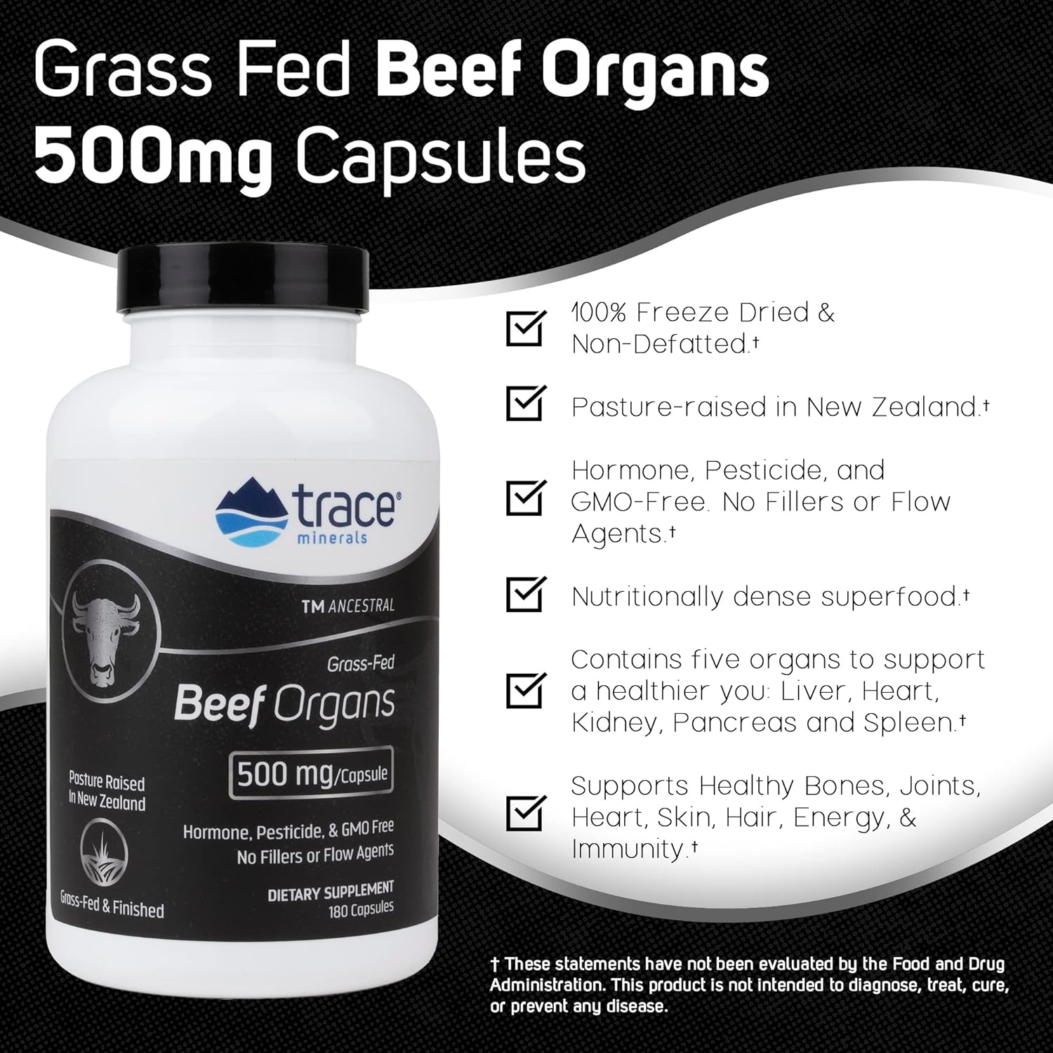 Trace Minerals | Ancestral Beef Organ Capsules (Liver, Heart, Kidney, Pancreas, Spleen) | Pasture Raised, Grass Fed & Finished | Paleo & Keto Friendly | 30 Servings | 180 Count