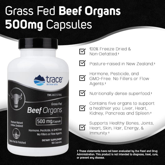 Trace Minerals | Ancestral Beef Organ Capsules (Liver, Heart, Kidney, Pancreas, Spleen) | Pasture Raised, Grass Fed & Finished | Paleo & Keto Friendly | 30 Servings | 180 Count