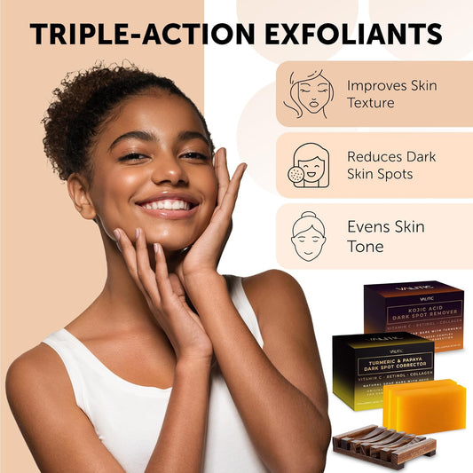 Valitic Papaya And Turmeric Kojic Acid Soap Bar - Dark Spot Corrector Skin Care Cleansing Bar - Infused With Vitamin C, Hyaluronic Acid - Papaya 2 Pack, Kojic Acid 2 Pack, Holder