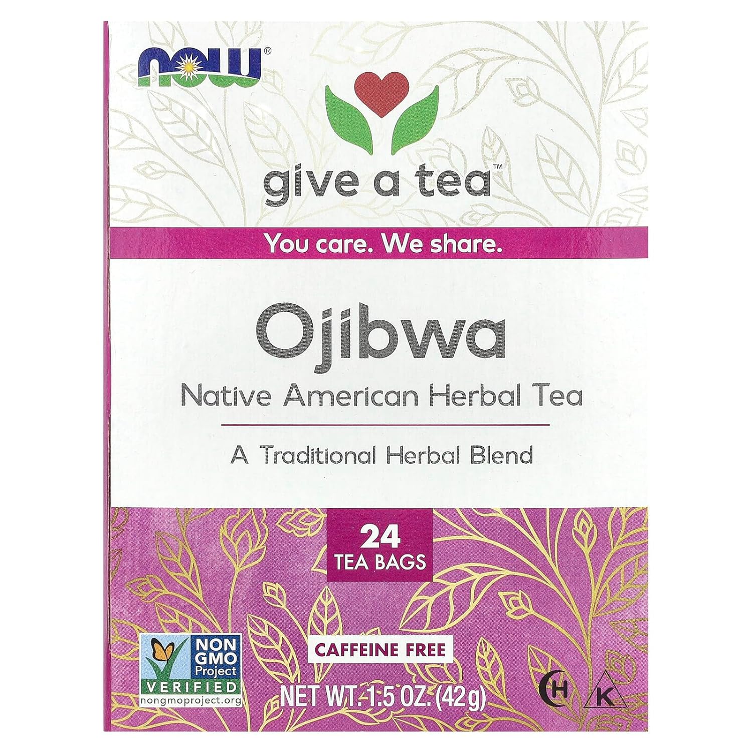 Now Foods Give A Tea™ Ojibwa Tea, Herbal, Caffeine-Free, 24 Bags, Traditional North American Blend For Overall Wellness