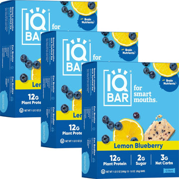 Iqbar Brain And Body Plant Protein Bars - Lemon Blueberry - 36 Count, Low Carb, High Fiber, Gluten Free, Healthy Vegan Snacks - Low Sugar Keto Bar