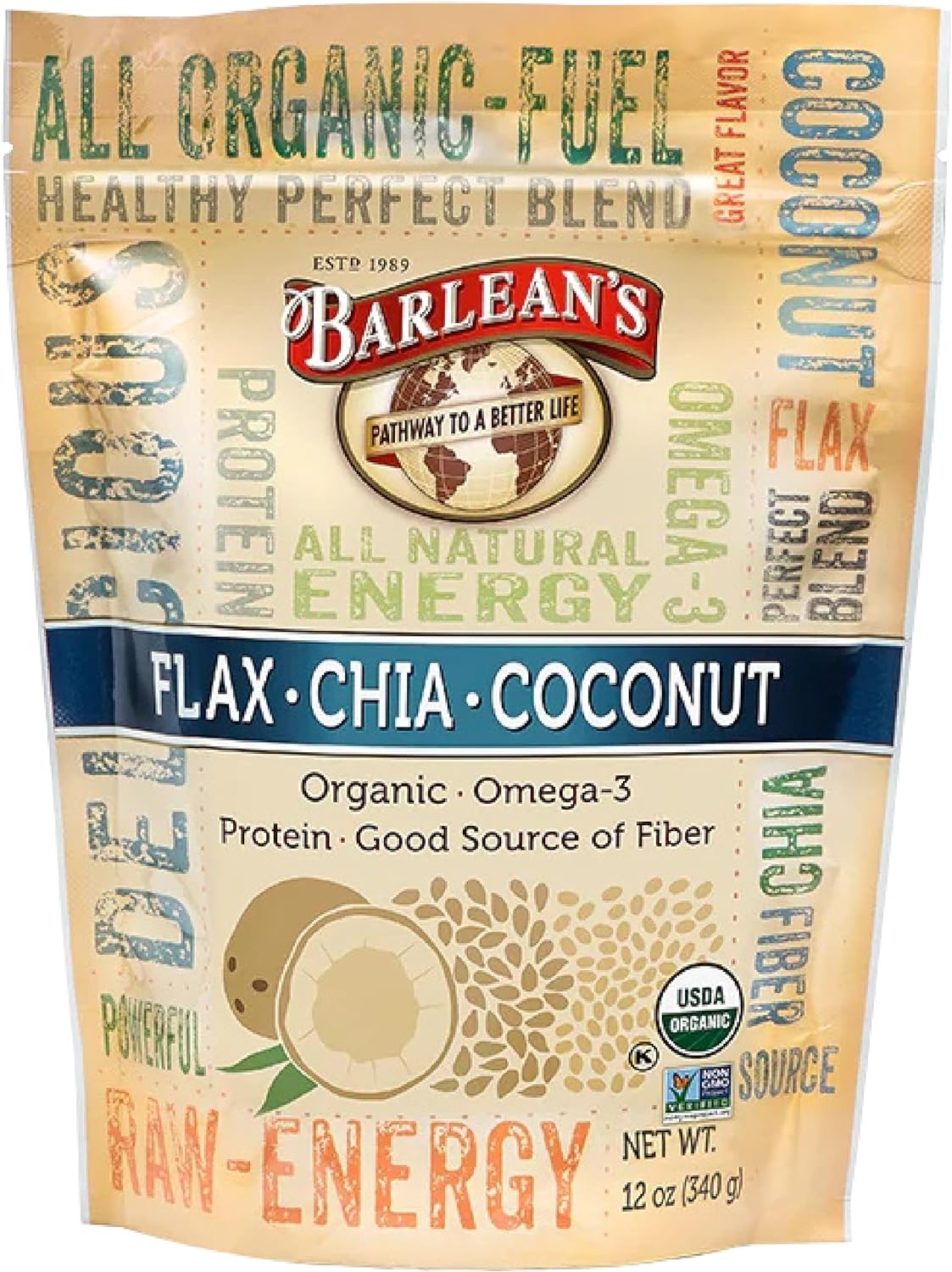 Barlean's Organic Flax Chia Coconut Seed Blend with 2,330 mg Omega 3 Fatty Acids, Fiber Supplement with Whole Chia Seeds and Ground Flaxseed, 12 oz