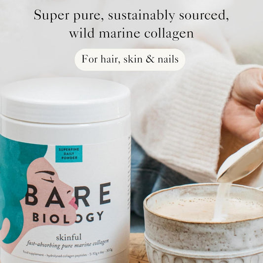 Bare Biology Skinful Pure Marine Collagen Powder. 300G/60 Servings. Premium Quality Type 1 Peptide Collagen Supplements For Women