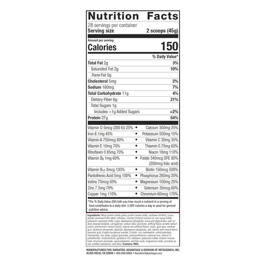 Bariatric Advantage High Protein Meal Replacement Drink Mix, Protein Powder Whey Isolate For Gastric Bypass And Sleeve Gastrectomy Patients, 27G Protein, Lactose Free - Chocolate - 28 Servings
