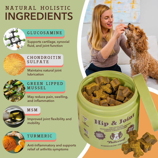 Natural Dog Company Hip & Joint Chews, Chicken Liver & Turmeric Flavor, with Glucosamine Chondroitin for Dogs, Maintains Bone and Joint Health, Supplements for Seniors and Puppies, 90 Count