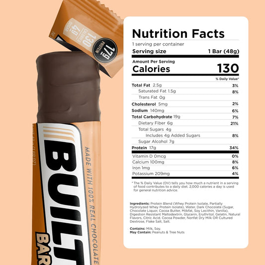 Built Protein Bars, Salted Caramel, 12 Count, 1.73Oz Bars, Gluten Free Protein Snacks With 17G Of High Protein. Chocolate Protein Bar Only 130 Calories & 4G Sugar, Great On The Go Protein Snack