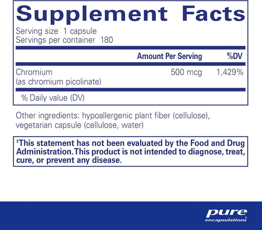 Pure Encapsulations Chromium (Picolinate) 500 Mcg - For Lipid & Carbohydrate Metabolism* - Mineral Supplement - Superior Absorption Chromium Supplement - Vegan & Gluten Free - 180 Capsules