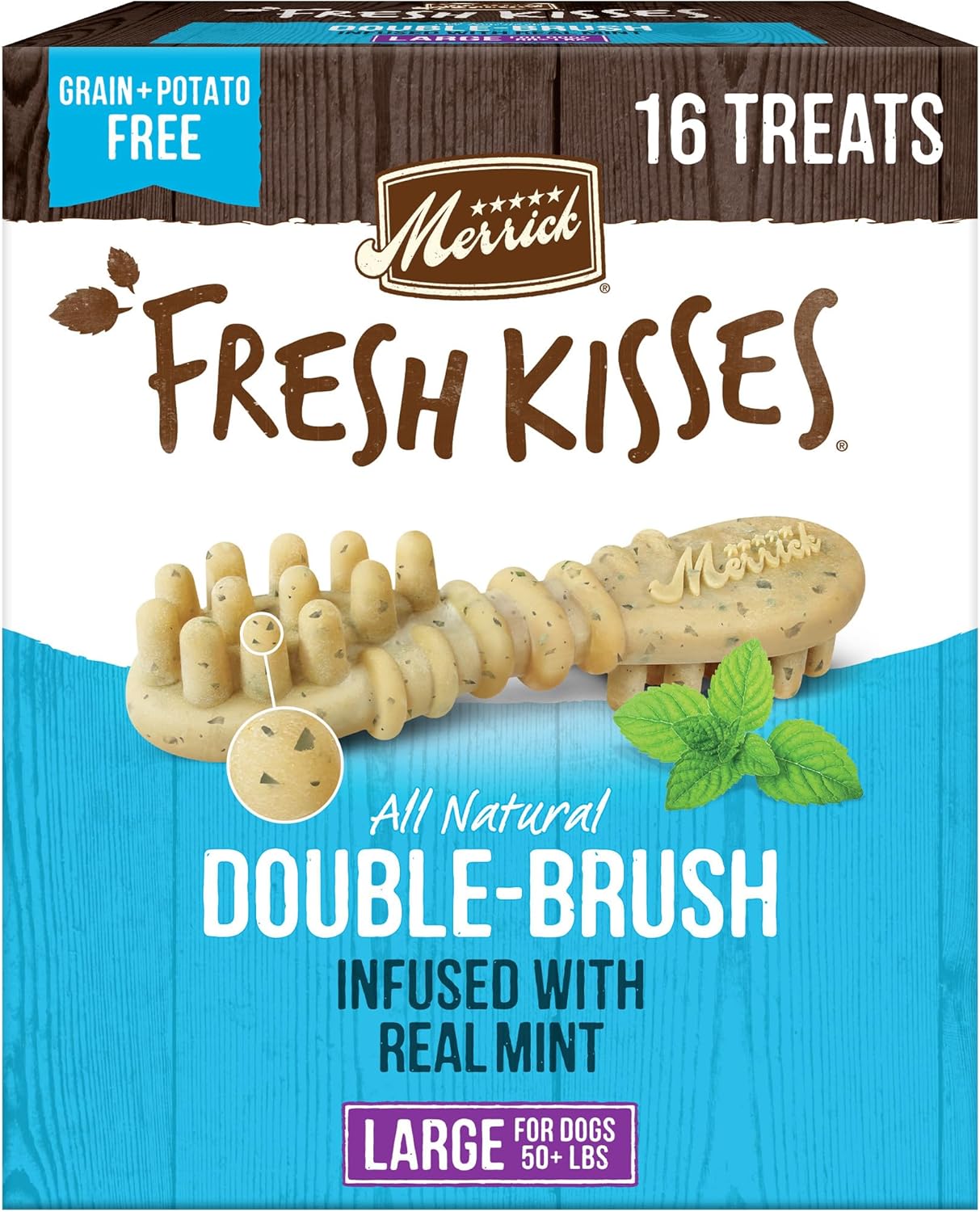 Merrick Fresh Kisses Natural Dental Chews, Toothbrush Shape Treat Infused With Real Mint, For Large Dogs - 16 Ct. Box