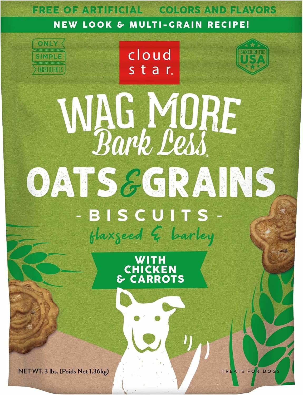 Cloud Star Wag More Bark Less Crunchy Dog Treats, Oats & Grains Chicken & Carrots, 3Lbs. Bag