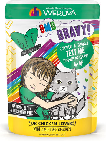 Weruva B.F.F. Omg - Best Feline Friend Oh My Gravy!, Chicken & Turkey Text Me With Chicken & Turkey In Gravy, 2.8Oz Pouch (Pack Of 12)