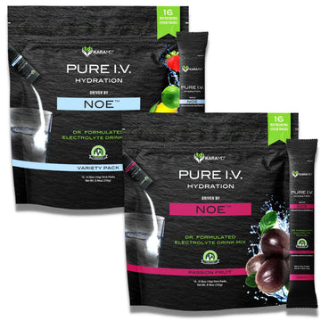 KaraMD Pure I.V. - Doctor Formulated Electrolyte Powder Drink Mix 2 Flavor Bundle ? Refreshing & Delicious Hydrating Packets with Vitamins & Minerals ? 1 Variety & 1 Passion Fruit Bag (32 Sticks)