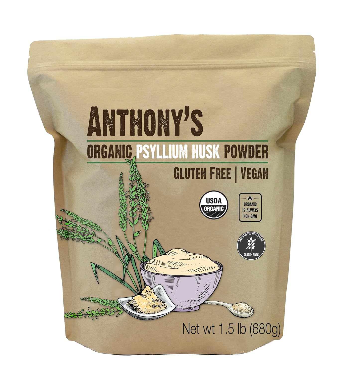 Anthony'S Organic Psyllium Husk Powder, 1.5 Lb, Gluten Free, Non Gmo, Finely Ground, Keto Friendly