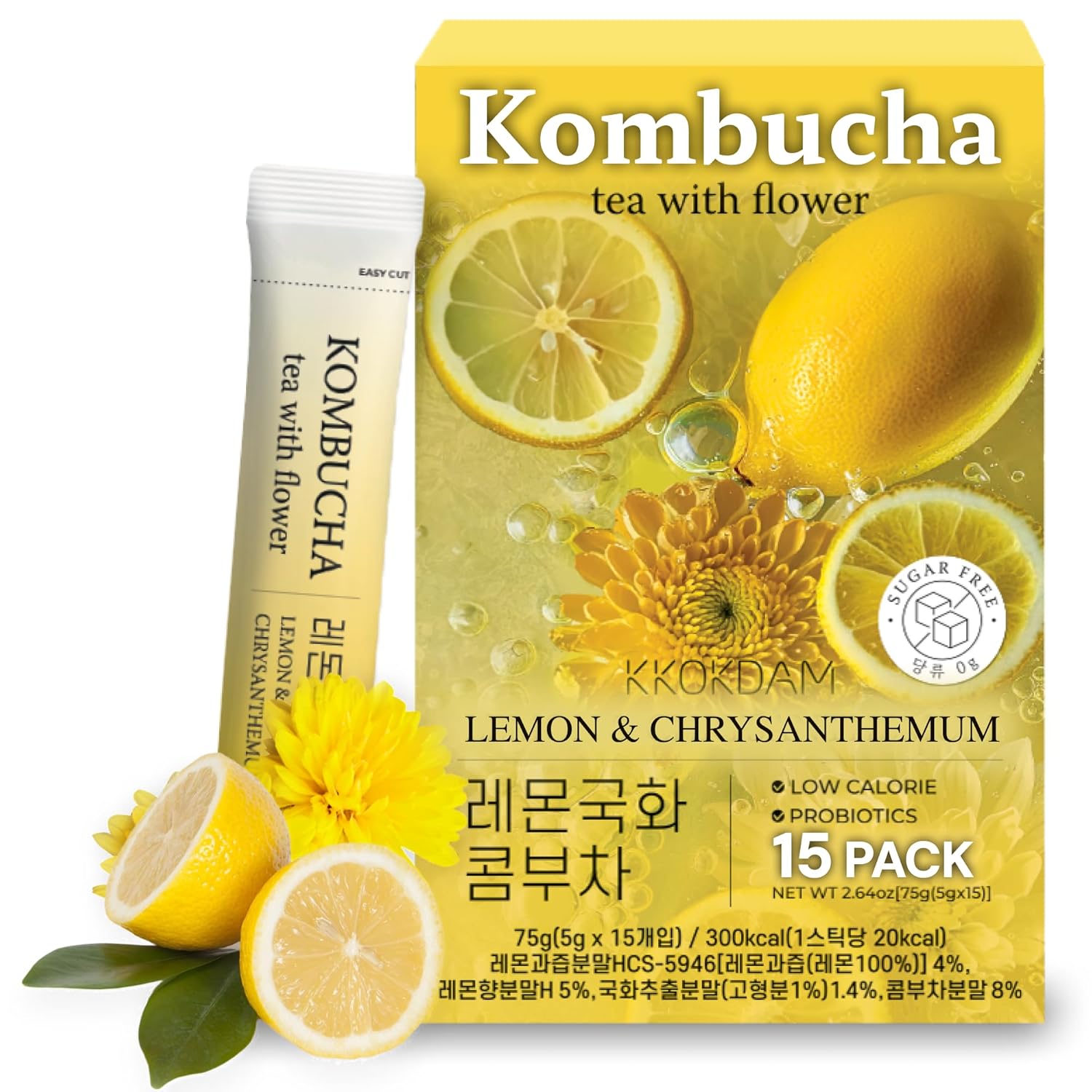 Kombucha Tea 15 Packs - Lemon & Chrysanthemum Korean Tea - Kombucha Drinks Probiotic Support, Low Calorie, Sugar Free Kombucha Pack - 15 Kombucha Drink