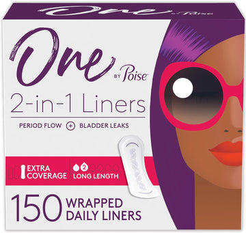 One By Poise Panty Liners (2-In-1 Period & Bladder Leakage Daily Liner), Long, Extra Coverage For Period Flow, Very Light Absorbency For Bladder Leaks, 150 Count (3 Pack Of 50)