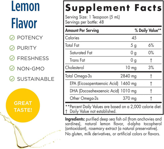 Nordic Naturals ProOmega Liquid, Lemon Flavor - 8 oz - 2840 mg Omega-3 - High Potency Fish Oil with EPA & DHA - Promotes Brain, Eye, Heart, & Immune Health - Non-GMO - 48 Servings