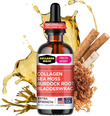 Collagen Mojo - Liquid Collagen For Women & Men, Collagen Peptides With Sea Moss, Burdock Root & Bladderwrack - Hair, Skin, Nails, Joint Support, Weight Management, High Absorption - 100,000Mcg, 2 Oz