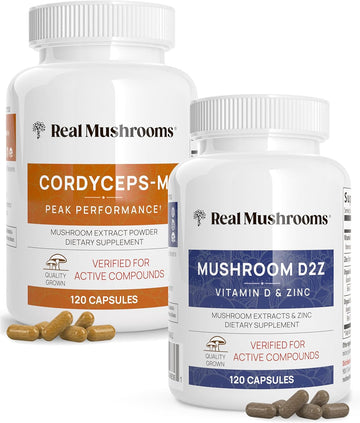 Real Mushrooms Vitamin D2, Zinc, Chaga, Reishi (120Ct) And Cordyceps-M (120Ct) Bundle - Natural Immune Support, Energy, And Vitality - Vegan, Gluten Free, Non-Gmo, Organic Mushroom Extracts