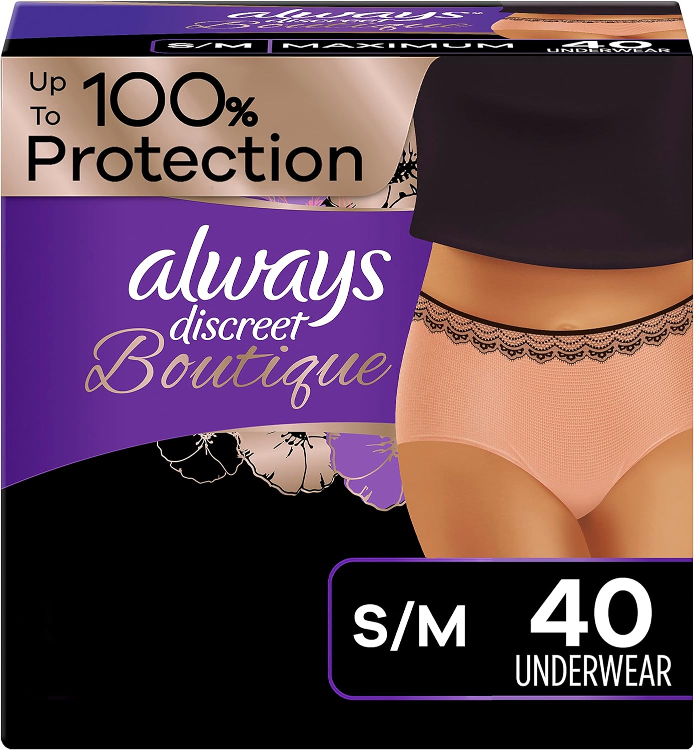 Always Discreet Boutique Adult Incontinence & Postpartum Underwear for Women, Disposable, Maximum Protection, Peach, Small/Medium, 20 Count x 2 Pack (40 Count total)