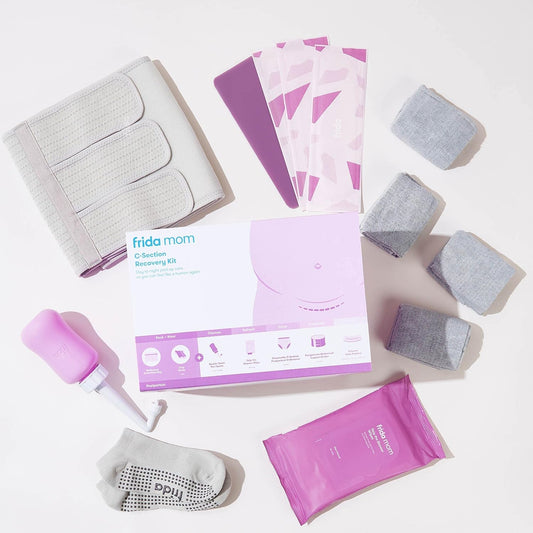 C-Section Recovery Kit for Labor, Delivery, & Postpartum| Socks, Peri Bottle, Disposable Underwear, Abdominal Support Binder, Shower Wipes, Silicone Scar Patches, Toiletry Bag