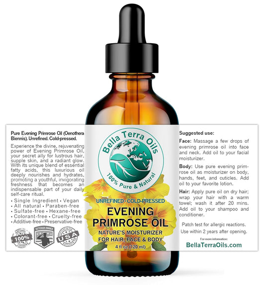 Bella Terra Oils - Organic Evening Primrose Oil 4 oz - Dive into Pure Primrose Essence, Abundant in Fatty Acids, A Luxurious Blend for a Radiant Glow