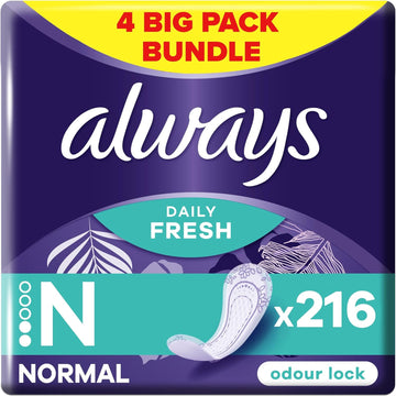 Always Dailies Panty Liners, Normal, 216 Liners (54 x 4 Packs), Odour Neutraliser, Soft & Discreet, Absorbent Core (Packaging may vary)