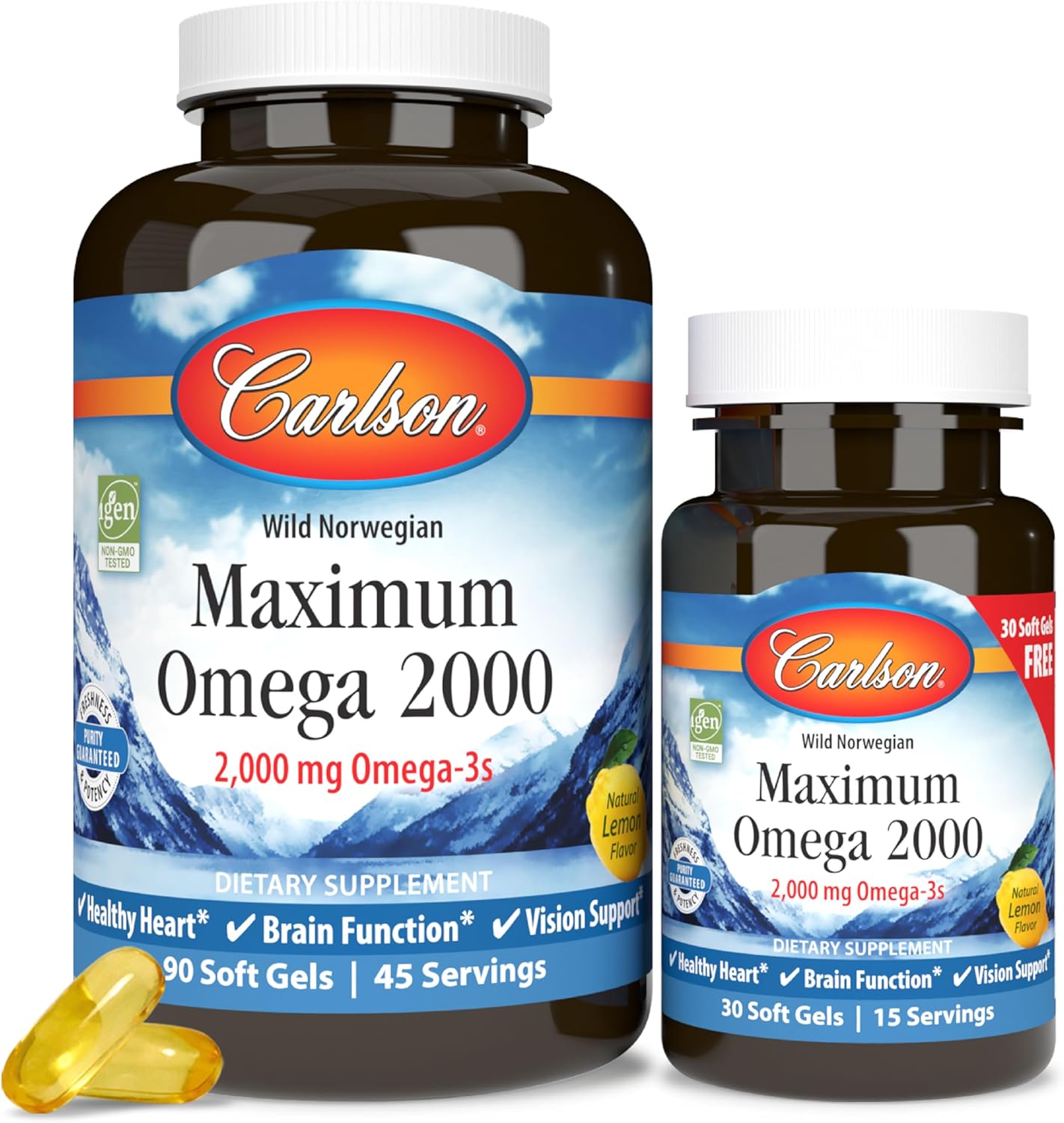 Carlson - Maximum Omega 2000, 2000 Mg Omega-3 Fatty Acids Including Epa And Dha, Wild-Caught, Norwegian Fish Oil Supplement, Sustainably Sourced Fish Oil Capsules, Lemon, 90+30 Softgels
