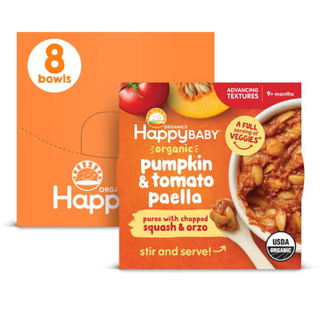 Happy Baby Organics Baby Food, Advancing Textures Bowl Pumpkin & Tomato Paella Puree With Chopped Squash & Orzo, 4 Oz (Pack Of 8)