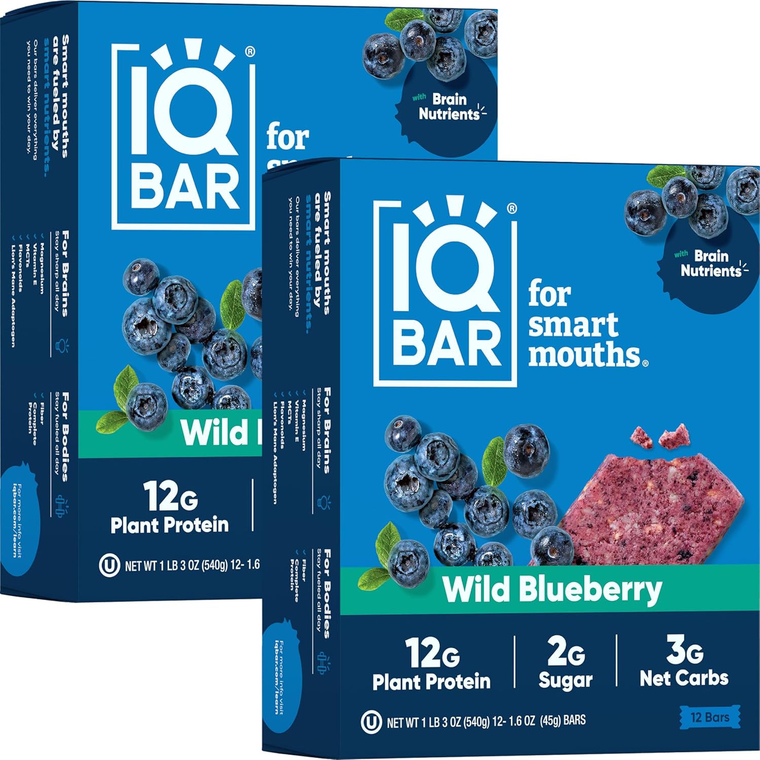 Iqbar Brain And Body Plant Protein Bars - Wild Blueberry - 24 Count, Low Carb, High Fiber, Gluten Free, Healthy Vegan Snacks - Low Sugar Keto Bar Pack