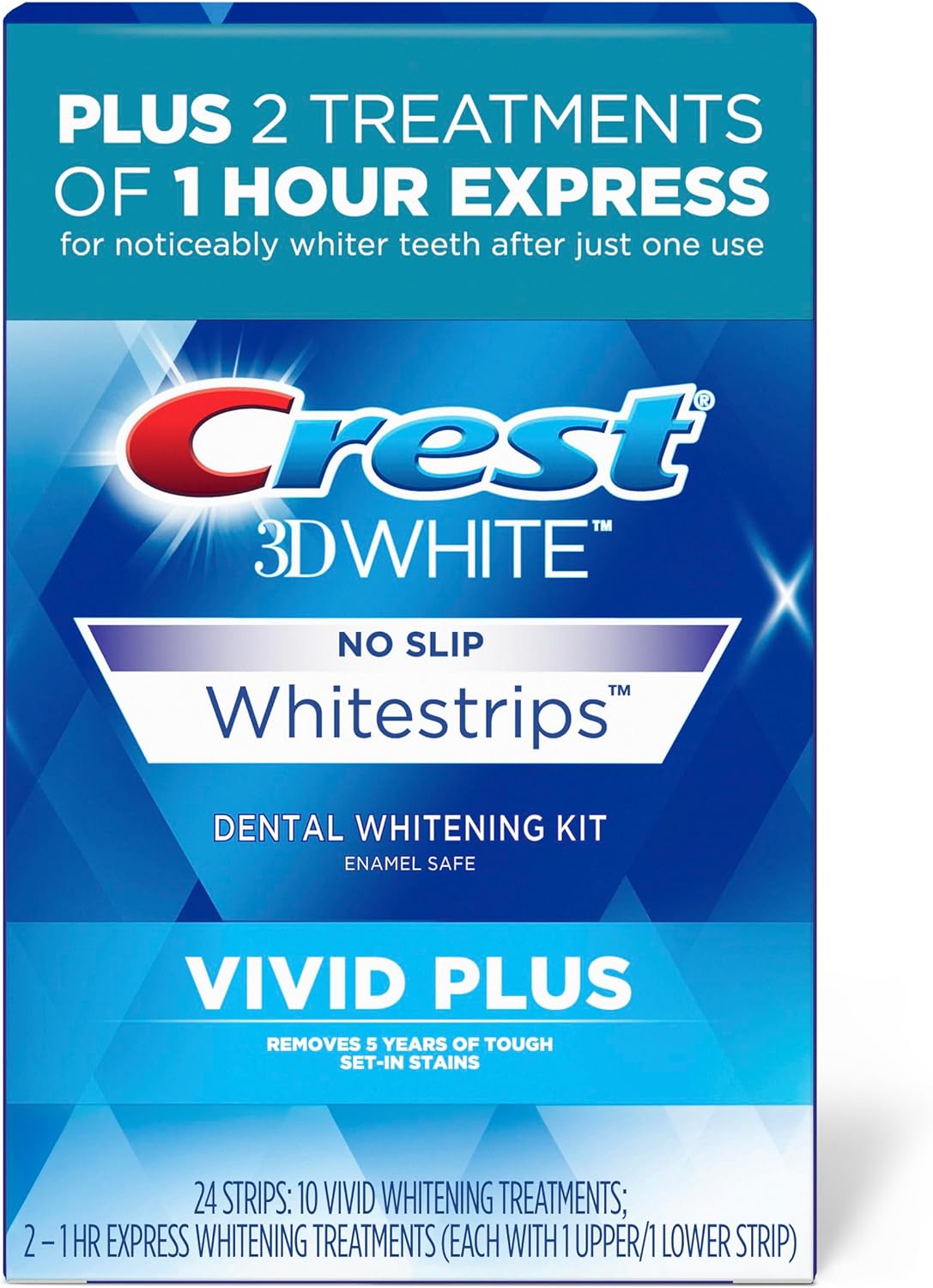 Crest 3Dwhitestrips Vivid Plus 10 Treatments + 1 Hour Express 2 Treatments Teeth Whitening Kit, 8 Levels Whiter