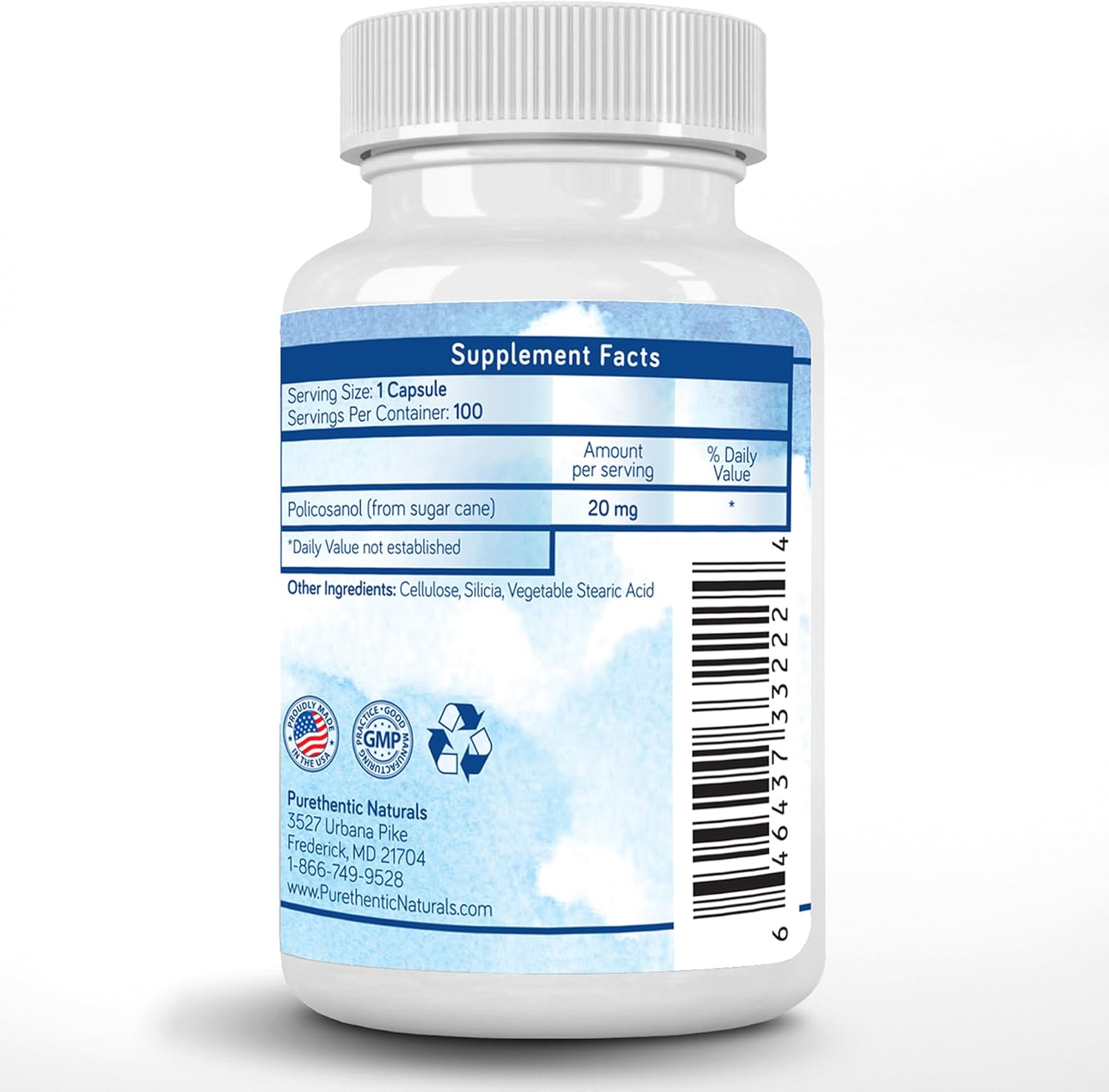 Purethentic Naturals Policosanol 20Mg | Supports Cardiovascular & Cholesterol Health* | Free Radical & Antioxidant Protection* | From Pure Sugar Cane With No Unnecessary Fillers | 100 Veg Capsules