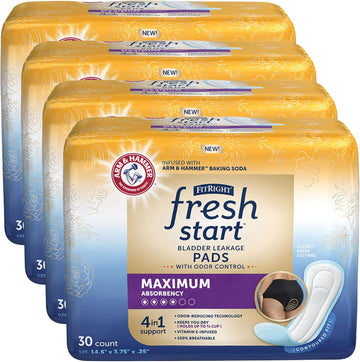 Fitright Fresh Start Postpartum And Incontinence Pads For Women, Maximum Absorbency (120 Count) Bladder Leakage Pads With The Odor-Control Power Of Arm & Hammer (30 Count, Pack Of 4)