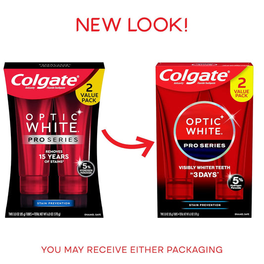 Colgate Optic White Pro Series Whitening Toothpaste With 5% Hydrogen Peroxide, Stain Prevention, 3 Oz Tube, 2 Pack