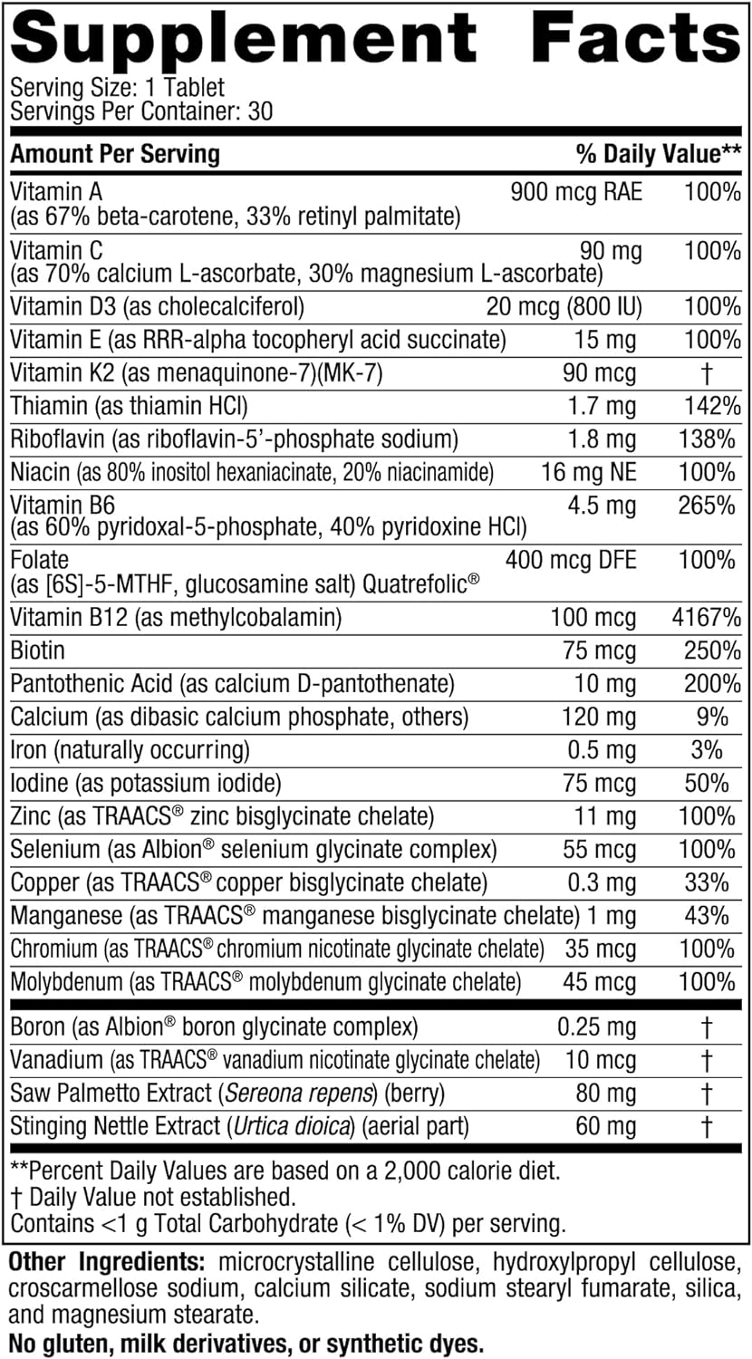 Nordic Naturals Men’s Multivitamin One Daily - Bone, Energy, & Blood-Vessel Support - Immunity Supplement - 20 Essential Nutrients - 30 Tablets - 30 Servings
