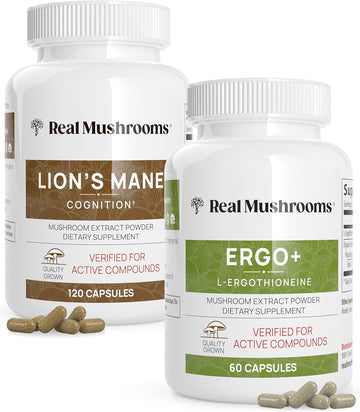 Ergothioneine (60Ct) And Lions Mane (120Ct) Bundle With Shiitake And Oyster Mushroom Extracts - Longevity And Cognition - Vegan, Gluten Free, Non-Gmo