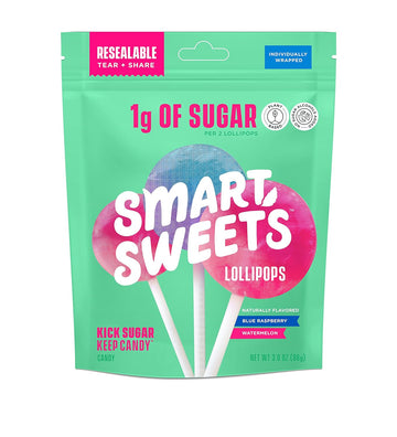 Smartsweets Lollipops, 3Oz, Blue Raspberry & Watermelon Flavors, Hard Candy With Low Sugar (1G), Low Calorie (40), No Artificial Sweeteners, Plant-Based, Gluten-Free