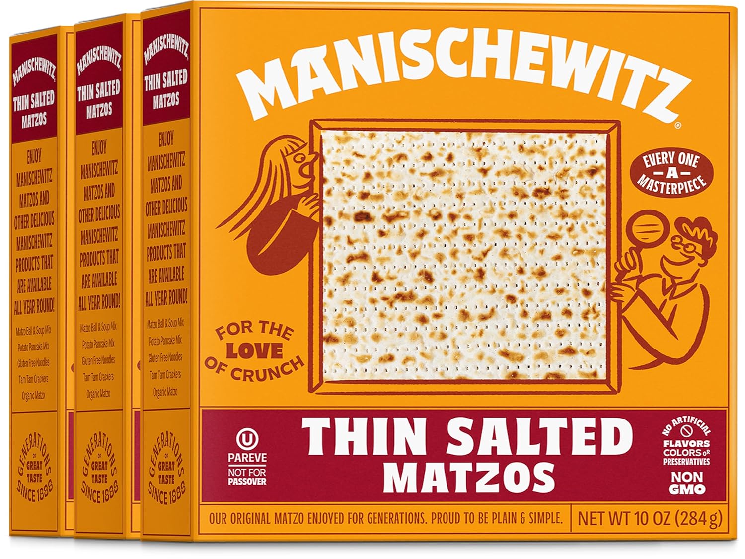 Manischewitz Old Fashioned Thin & Crisp Salted Matzo, 10oz (3 Pack) Airy Crispy Crackers, Non GMO, Kosher (NOT FOR PASSOVER)