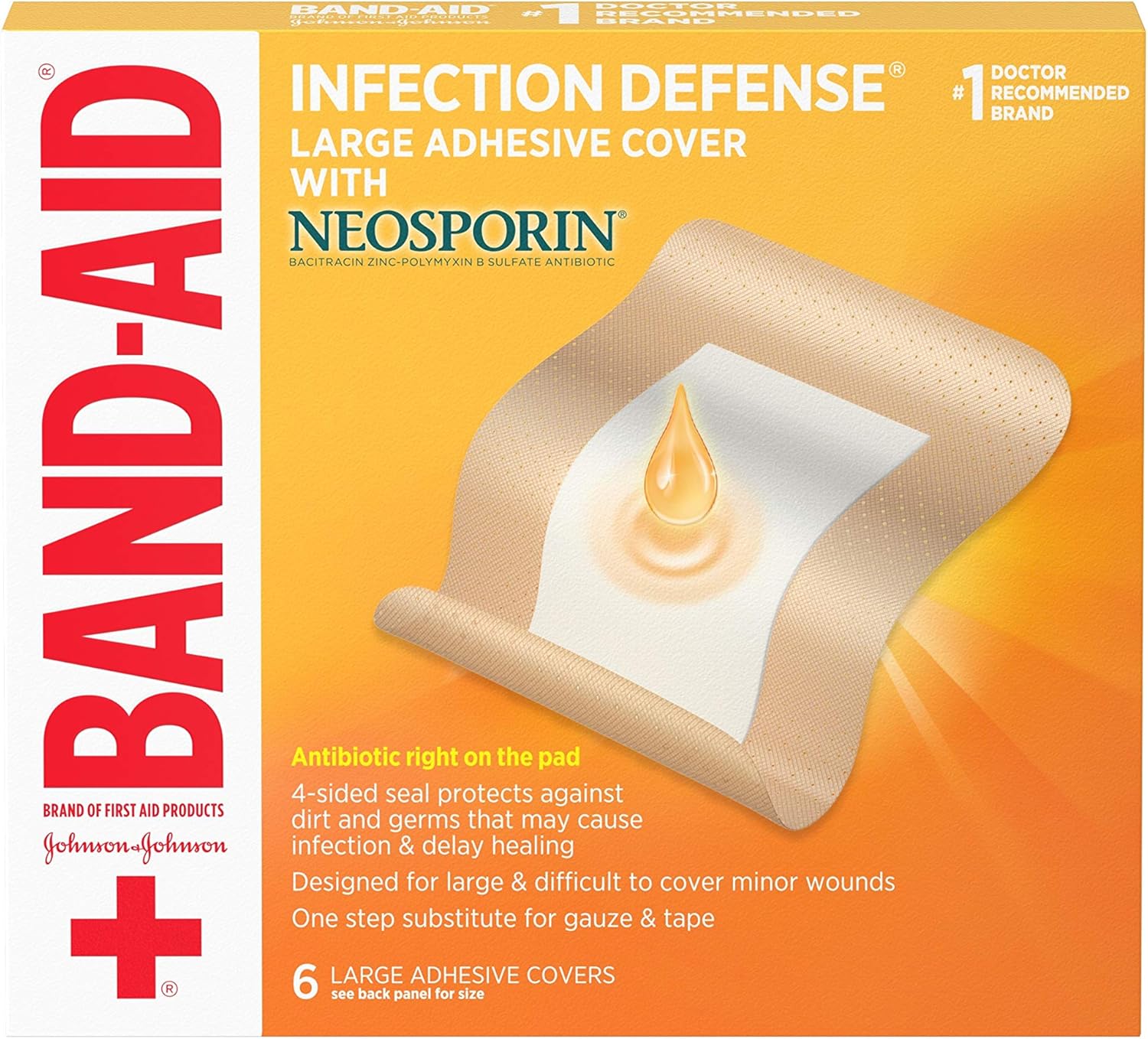 Band-Aid Brand Infection Defense Adhesive Wound Covers With Neosporin Antibiotic Ointment On The Pad For First Aid Wound Care, Bacitracin Zinc & Polymyxin B Sulfate, Sterile, Large, 6 Ct