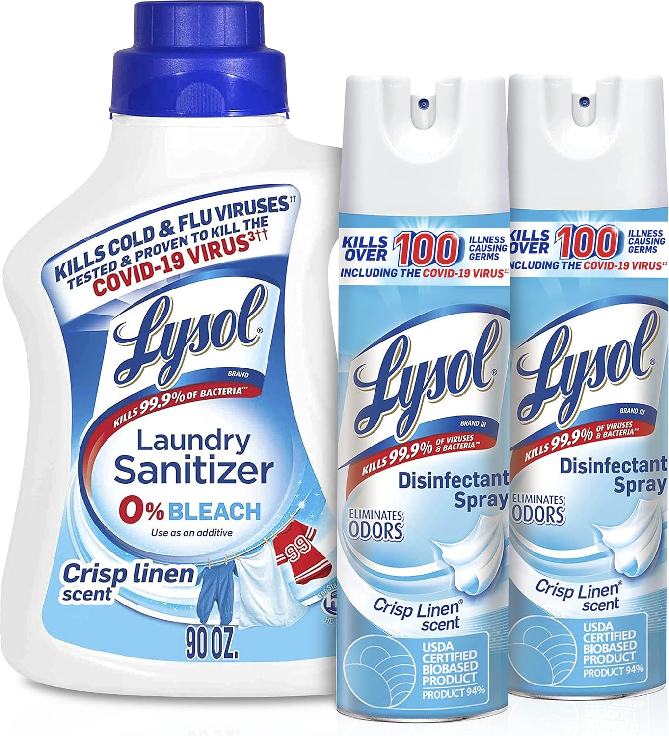 Lysol Laundry Sanitizer, Antibacterial Fabric Sanitizer, Crisp Linen, 90Oz + Lysol Disinfectant Spray For Sanitizing And Antibacterial , Crisp Linen, 19 Fl Oz. (Pack Of 2)