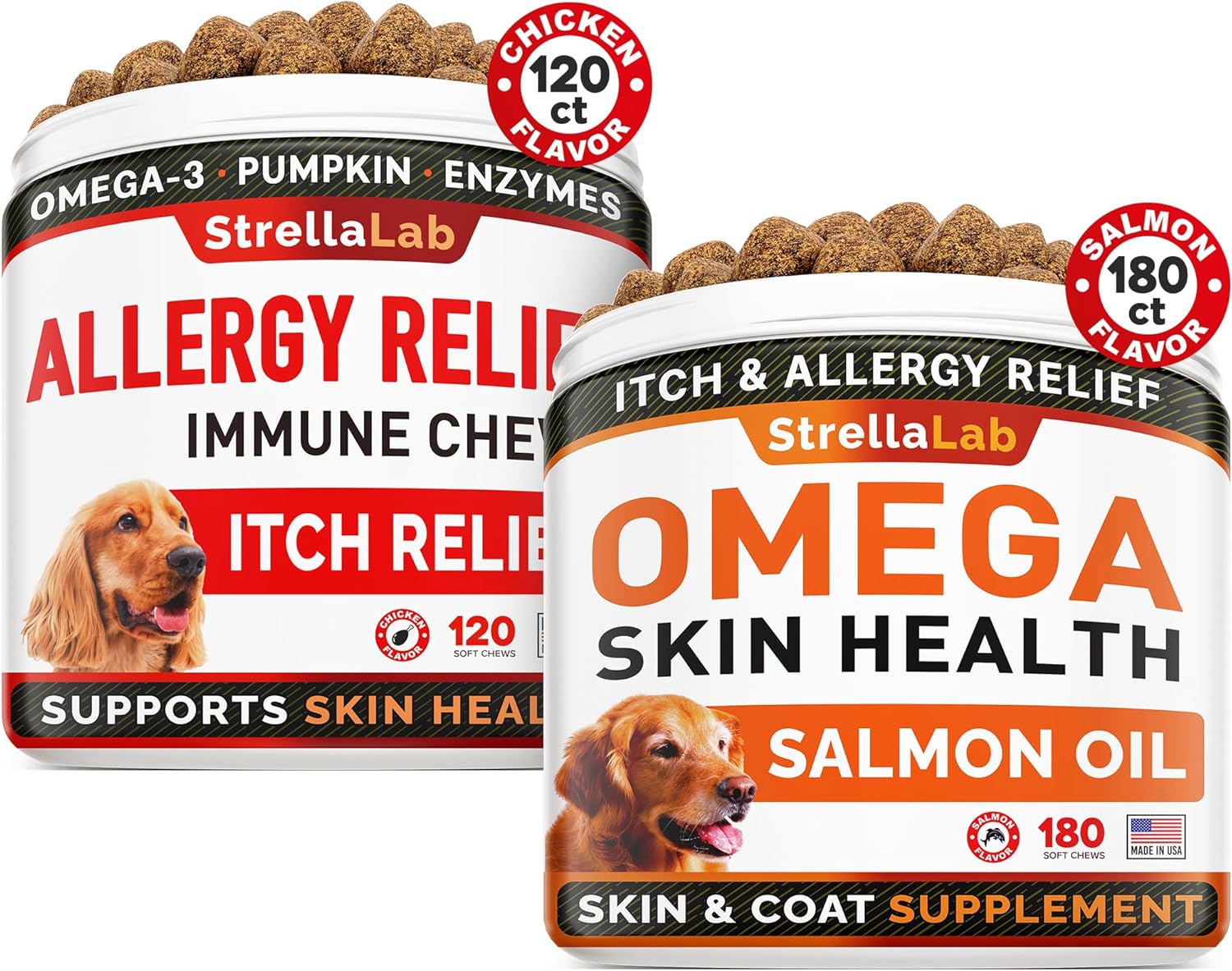 Allergy Relief + Omega 3 Dogs Bundle - Itchy Skin Treatment + Allergy - Omega 3 & Pumpkin - Dogs Itching And Licking Treats + Dry Itchy Skin, Shedding - 300 Ct - Salmon + Chicken Flavor - Made In Usa