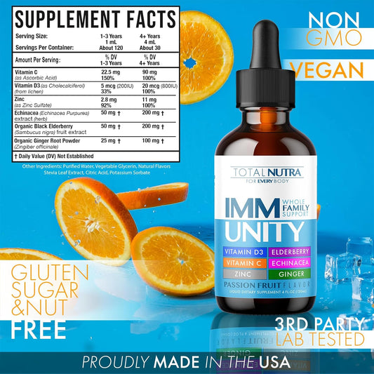 Total Immune 6-In-1 Liquid Multivitamin Supplement | 100% Daily Zinc, Vitamin D3, Vitamin C Immunity Drops Vitamin Liquid | Elderberry, Echinacea, Ginger Support For Adults & Kids | 4 Oz Passion Fruit