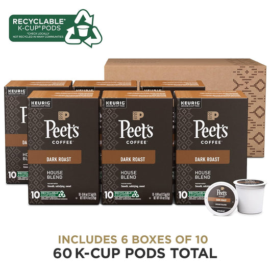 Peet's Coffee, Dark Roast K-Cup Pods for Keurig Brewers - House Blend 60 Count (6 Boxes of 10 K-Cup Pods)