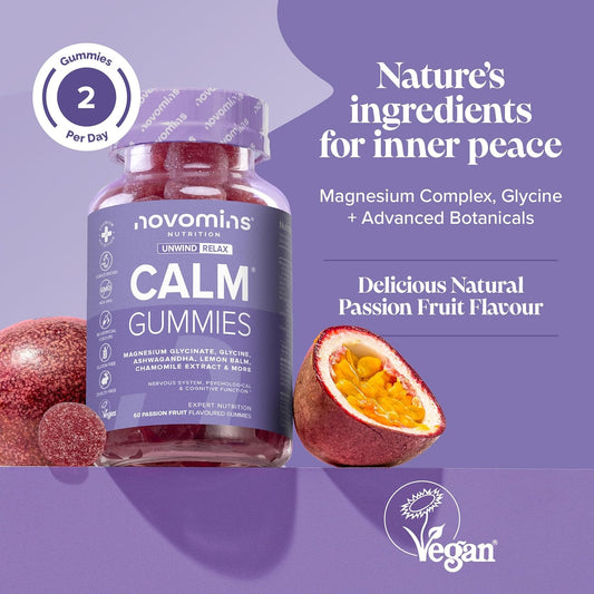 450Mg Magnesium Glycinate Gummies - Calm Gummies With Ashwagandha, Glycine, Lemon Balm, Chamomile, Vitamin B12 And Iodine – Rescue And Calms Your Mind – Relax And Balance - Novomins
