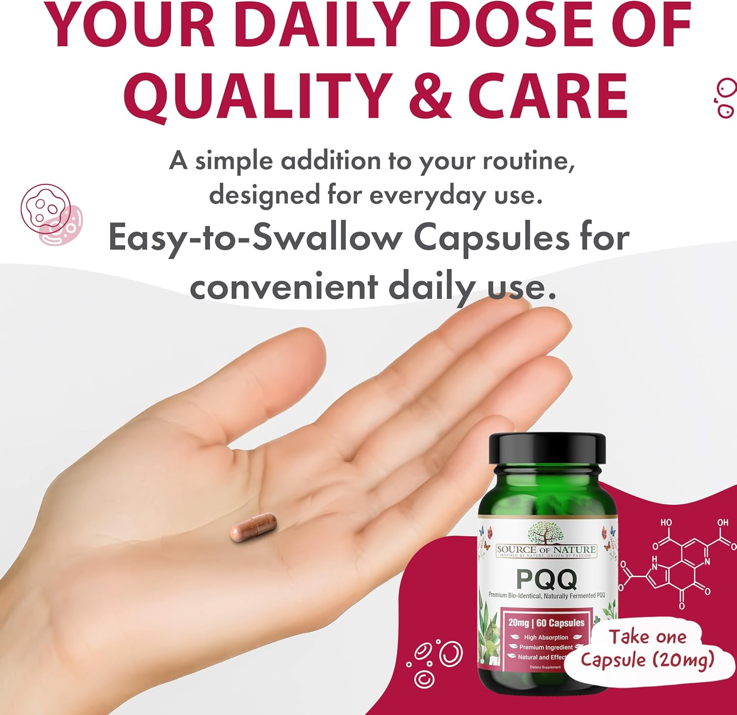 Source Of Nature® | 20Mg Pqq | 60 Capsules | 2 Month Supply | Premium Bio-Identical Pyrroloquinoline Quinone| High Dose | No Unwanted Additives | Made In Dk | 3Rd Party Tested