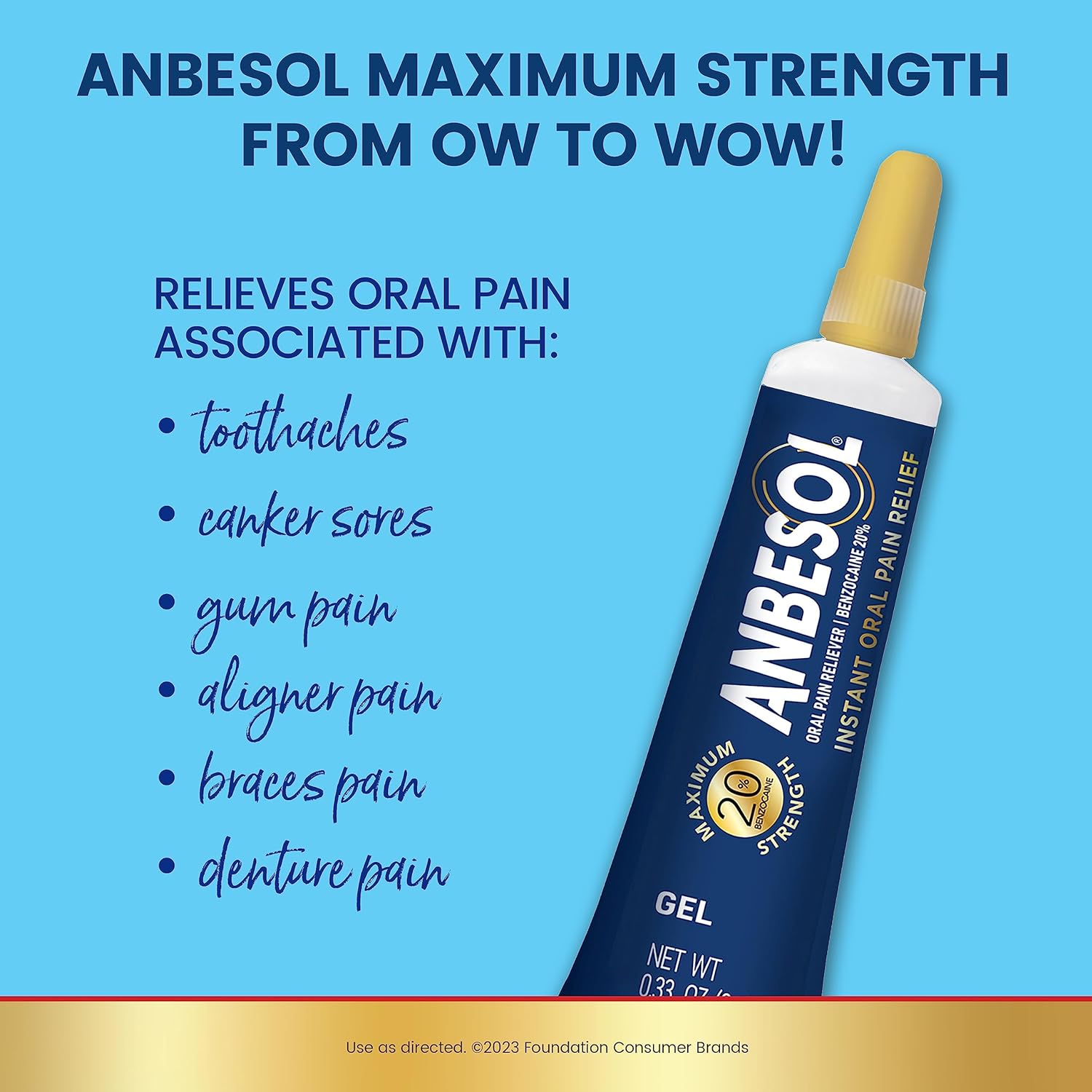 Anbesol Maximum Strength Oral Pain Relief Gel, Instant Pain Relief For Toothache Pain, Canker Sores, Sore Gums, Mouth Sores, Denture Pain, and Aligner Pain, ADA Accepted, 0.33 oz (packaging may vary) : Health & Household