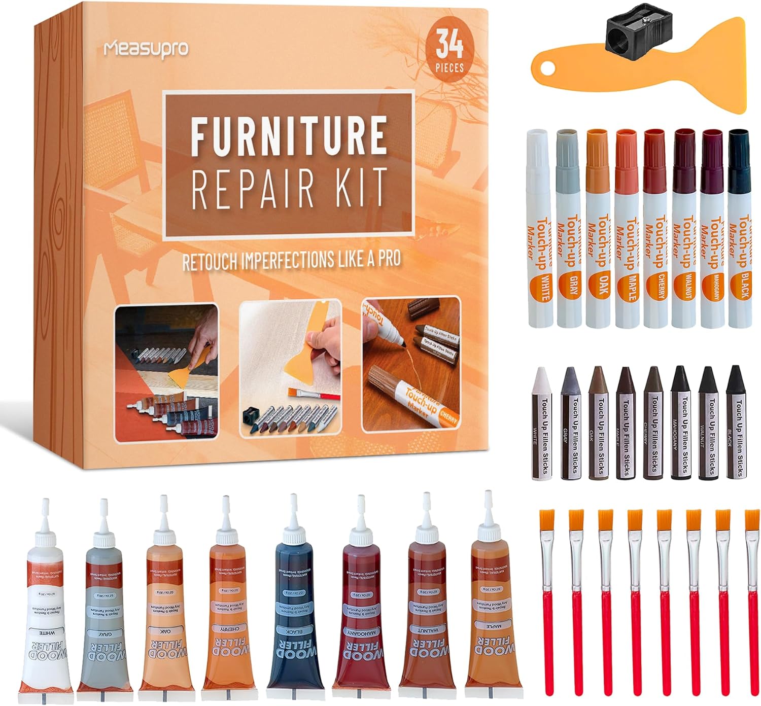 Furniture Repair Kit 34PC - Brushes, Markers, Scraper, Resin Wood Filler, Fillers with Wood Putty, Any Color Wood Combination, Scratch Repair