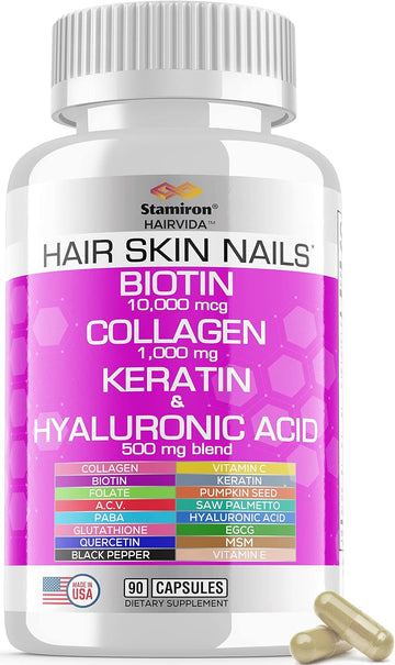 Stamiron Hair Skin and Nails Vitamins for Women with Biotin 10000mcg Collagen 1000mg Supplements Plus Keratin Hyaluronic Acid Saw Palmetto Bamboo Vitamin B & C for Hair Growth Nail & Skin - USA Made