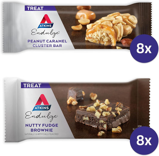 Atkins Endulge Treat Variety Pack, Nutty Fudge Brownie Bar & Peanut Caramel Cluster, Keto Friendly, 16 Bars (8 Each Flavor)